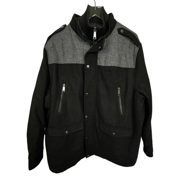 KingSize 2XL BIG Wool Blend Herringbone Multi-Pocket Combat Utility Black Coat